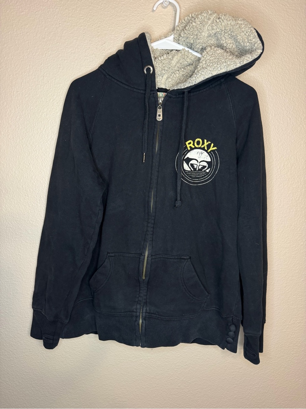 Roxy Black Zip Hoodie with Yellow Logo and Sherpa Hood